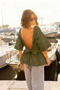 ESTNBKH Cotton Blouse with Back Bow Khaki