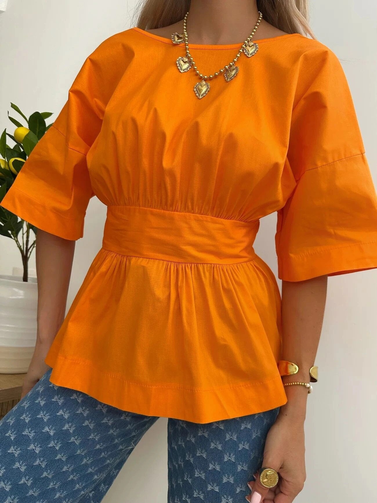 ESTNBOR Cotton Blouse with Back Bow Orange