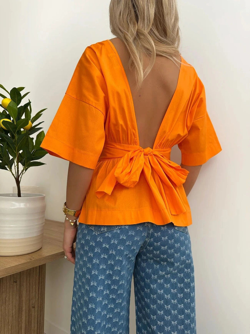 ESTNBOR Cotton Blouse with Back Bow Orange