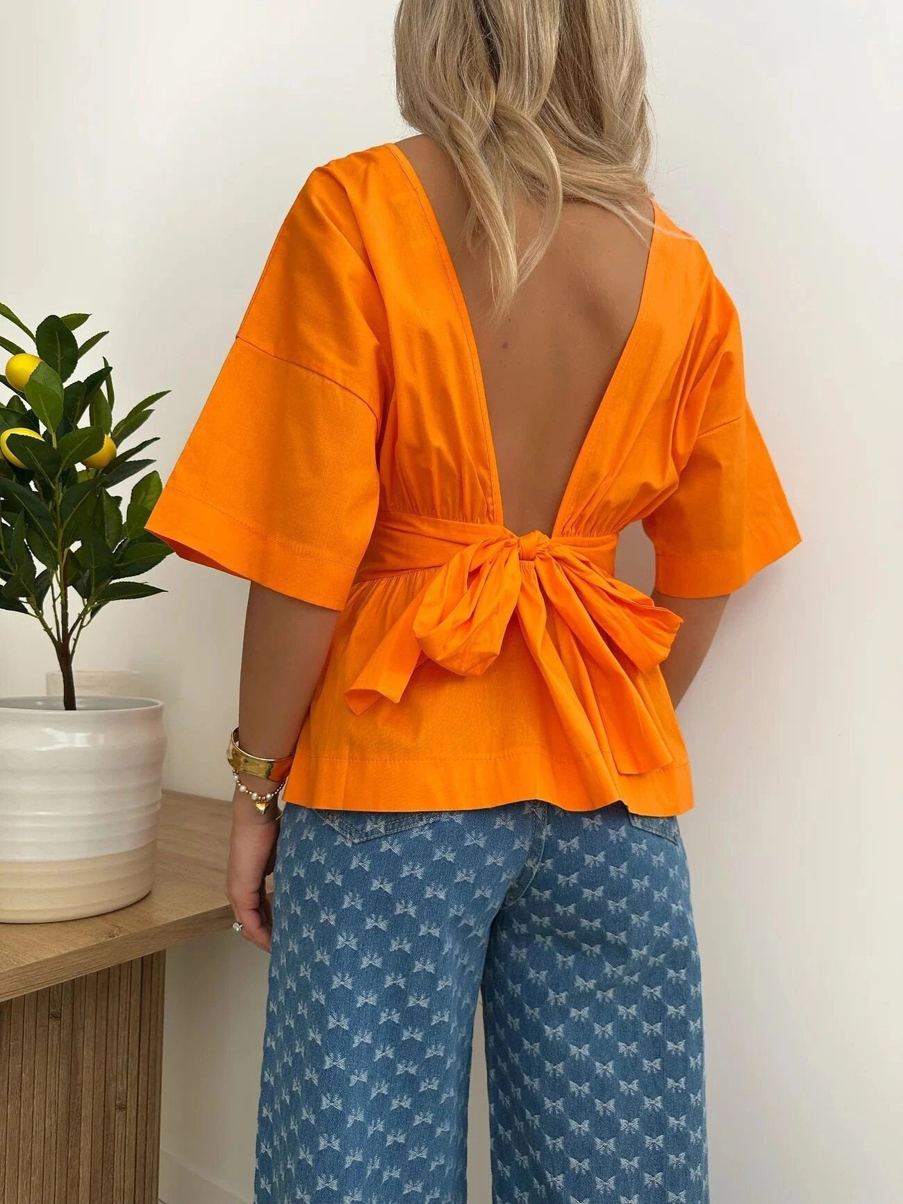 ESTNBOR Cotton Blouse with Back Bow Orange