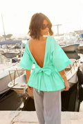 ESTNBAQ Cotton Blouse with Back Bow Aqua