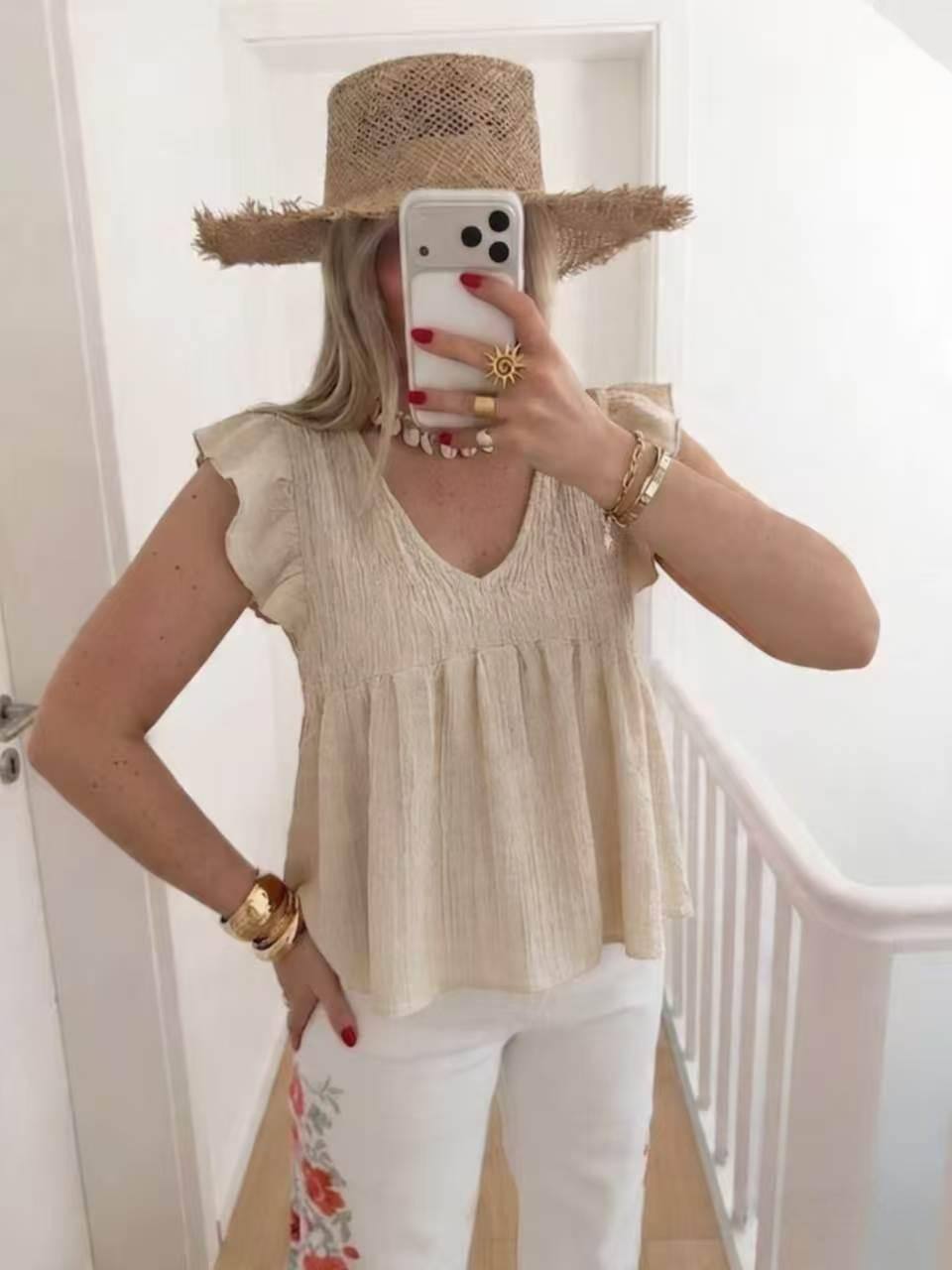 ESTEBBE Cotton Short Sleeve Off-Shoulder Blouse Beige