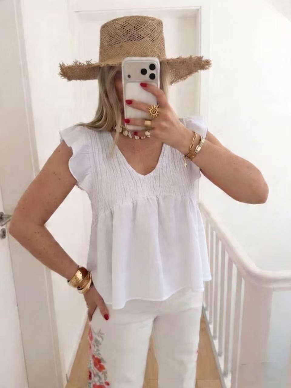 ESTEBWH Cotton Short Sleeve Off-Shoulder Blouse White