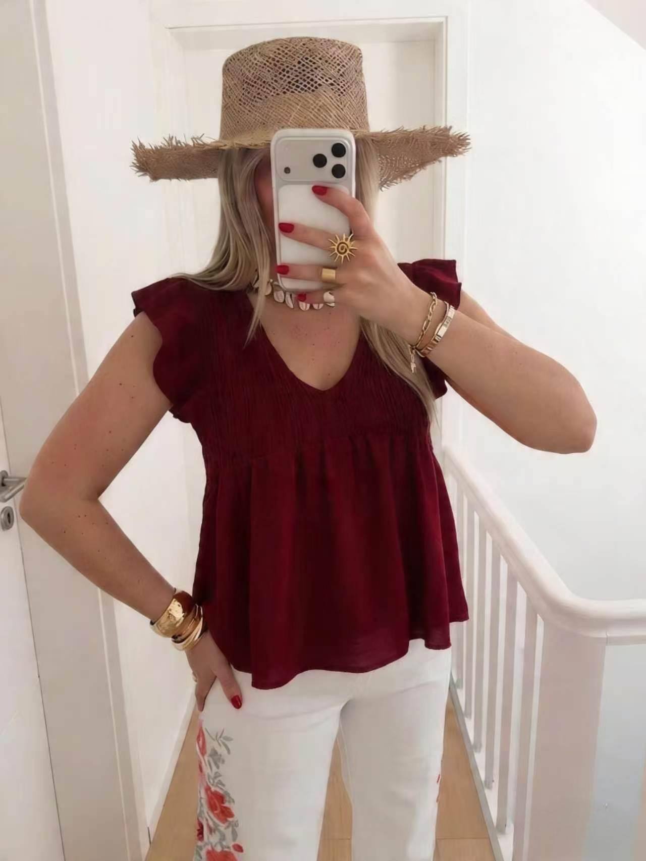 ESTEBBG Cotton Short Sleeve Off-Shoulder Blouse Burgundy