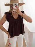 ESTEBCH Cotton Short Sleeve Off-Shoulder Blouse Chocolate