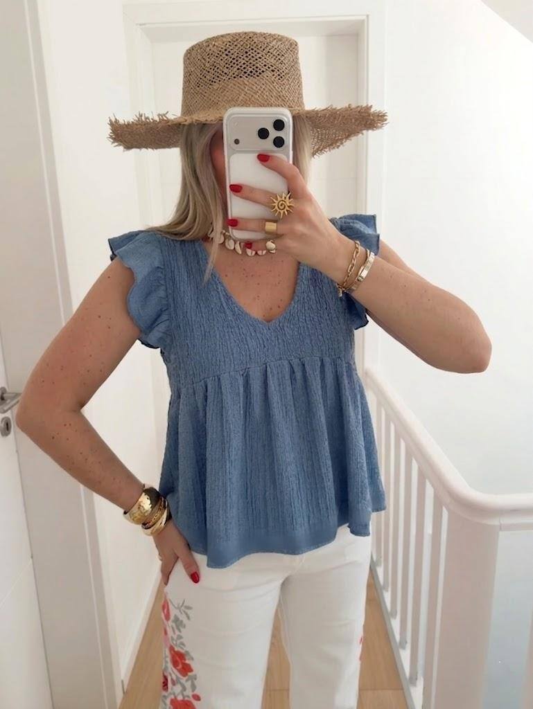 ESTEBDN Cotton Short Sleeve Off-Shoulder Blouse Denim Blue