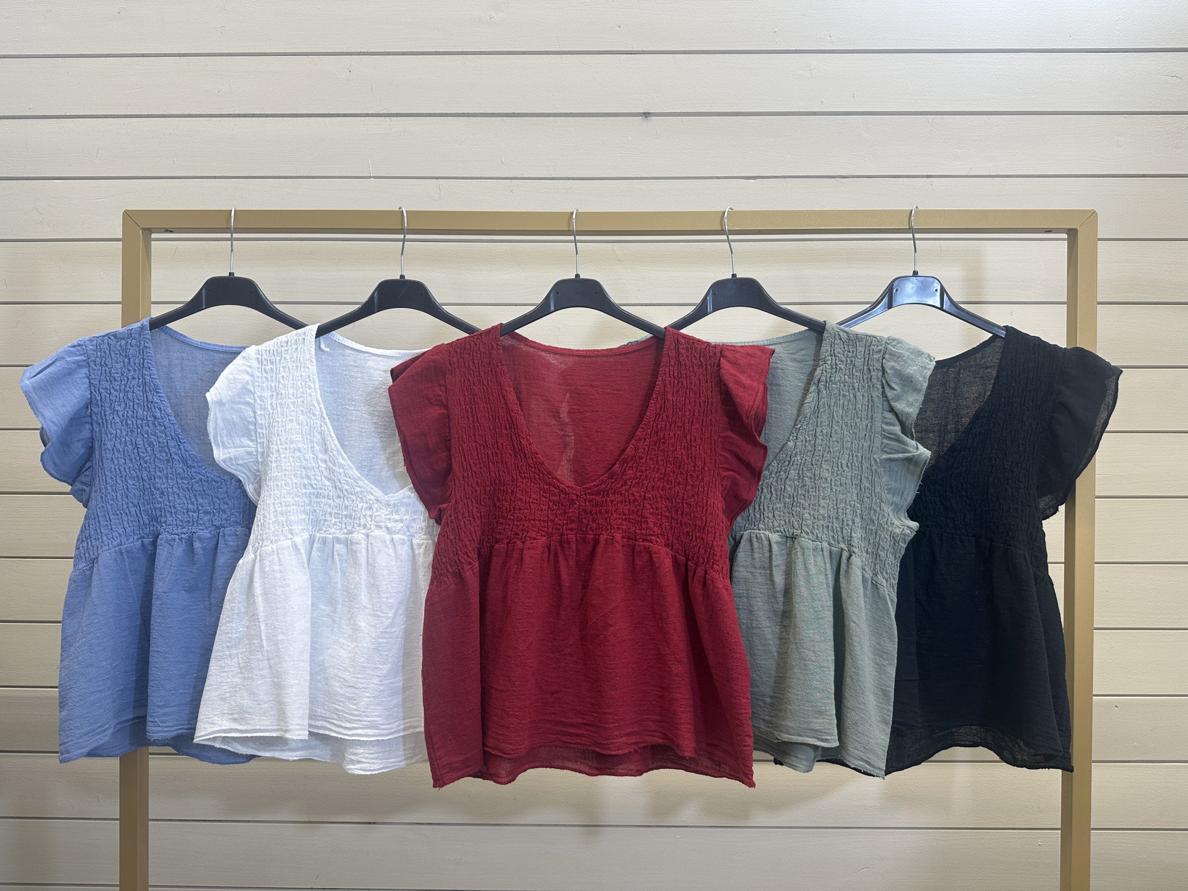 ESTEBDN Cotton Short Sleeve Off-Shoulder Blouse Denim Blue