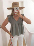 ESTEBKH Cotton Short Sleeve Off-Shoulder Blouse Khaki