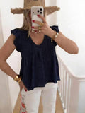 ESTEBNV Cotton Short Sleeve Off-Shoulder Blouse Navy