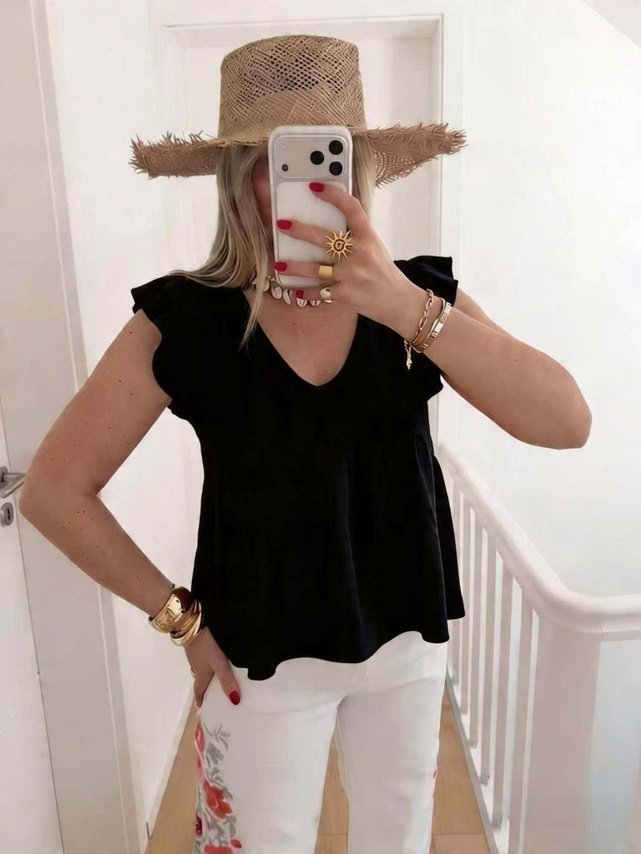 ESTEBBK Cotton Short Sleeve Off-Shoulder Blouse Black