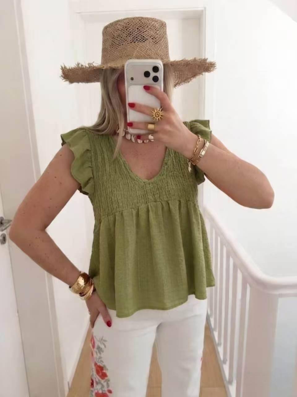 ESTEBOL Cotton Short Sleeve Off-Shoulder Blouse Olive