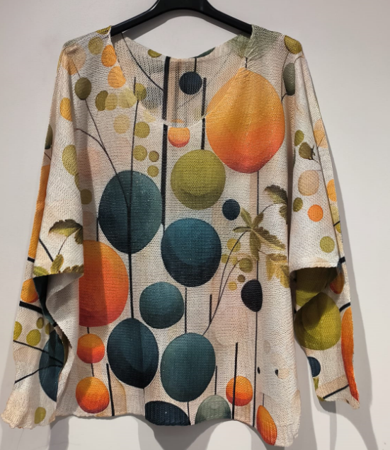 POCIR Cream Circles V-Neck Knit Printed Sweater  LOOWIE