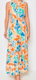 CIR116 Orange Sleeveless Maxi Dress w/ Button-Down Front