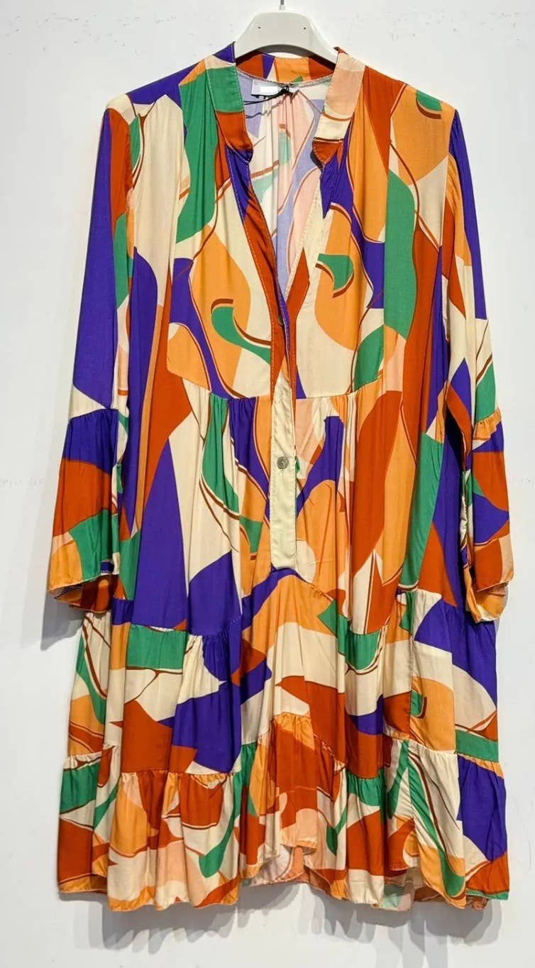 9802-3 Orang One Size Italian Geometric Short Printed Dress