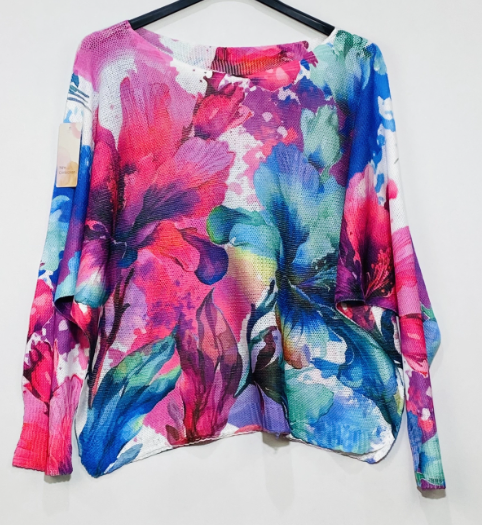 501 Fuchsia Floral Round Knit Printed Sweater LOOWIE