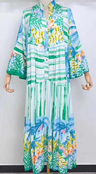 SVST One Size Colorful Blue Tropical Striped Maxi Dress