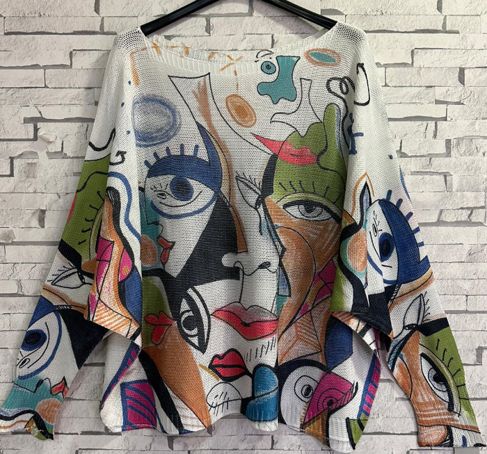 ZBX38 One Size White Face "Picasso"  Printed Sweater LOOWIE