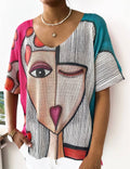 6218 "Picasso"  V-Neck Knit Printed Short Sleeves Sweater
