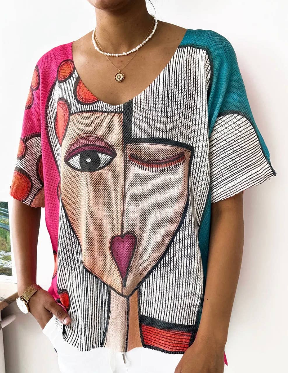 6218 "Picasso"  V-Neck Knit Printed Short Sleeves Sweater