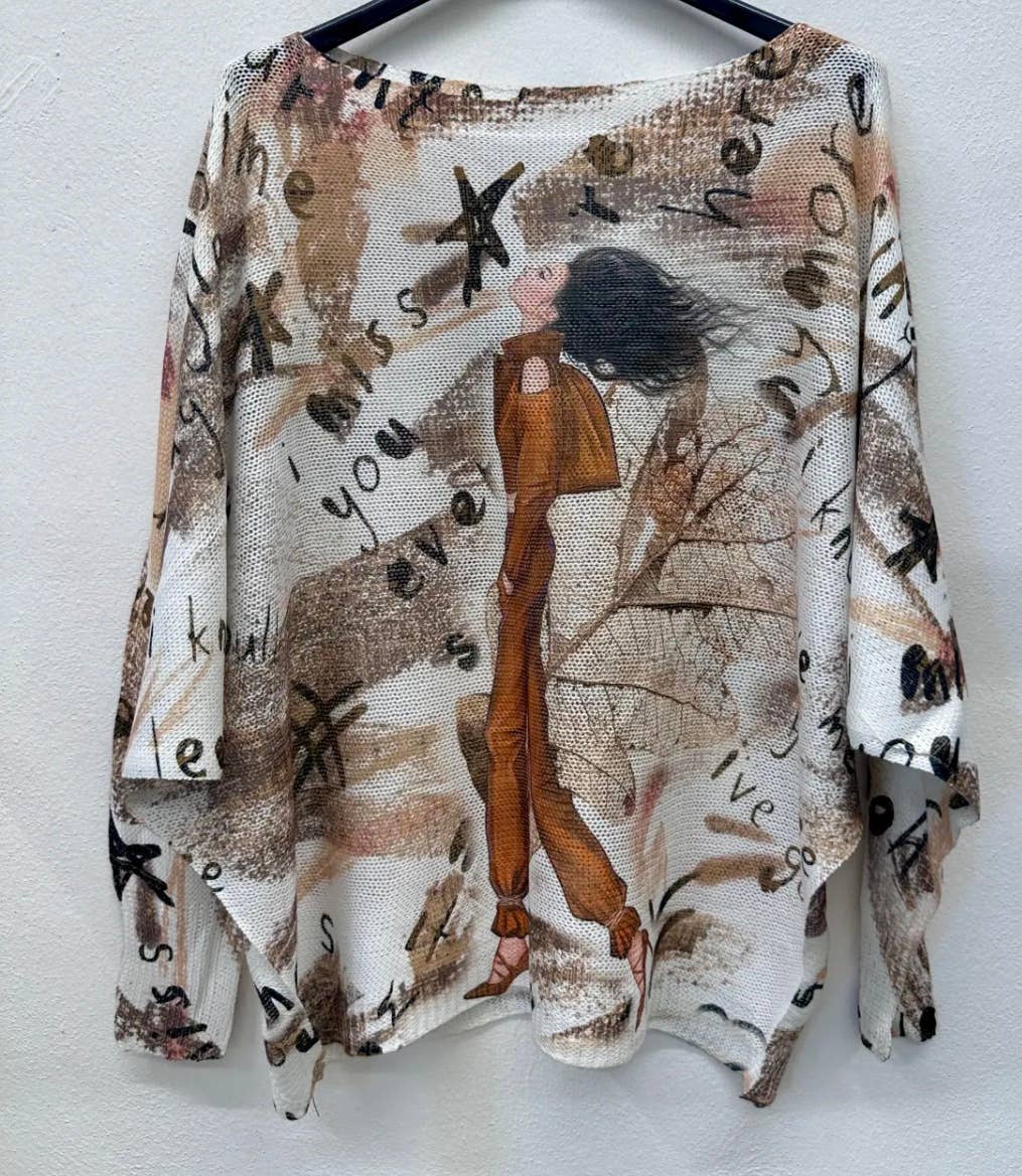 LLA Fall Lady Brown Round Knit Printed Sweater LOOWIE