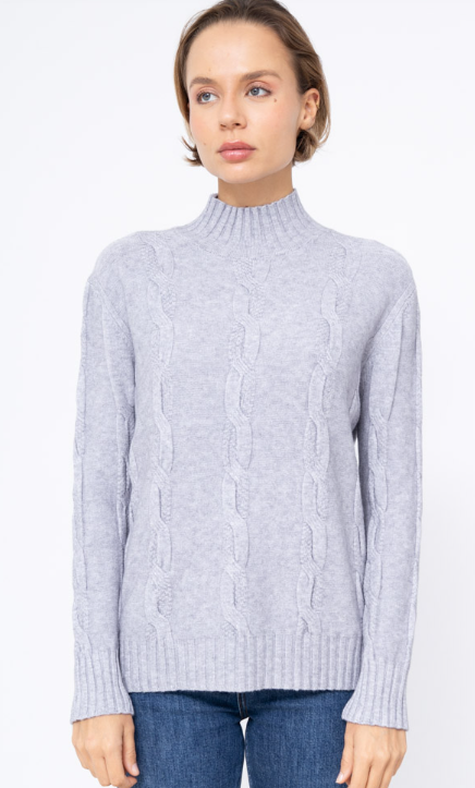 362 Grey Turtle Neck Cable Cozy Sweater One Size LOOWIE