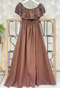 SW512C Choco Off-the-Shoulder Ruffled Eyelet Maxi Dress