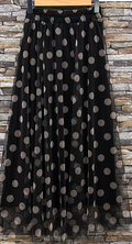 EL125DOTBL Black Sheer Overlay Polka Dot Skirt Maxi Skirt