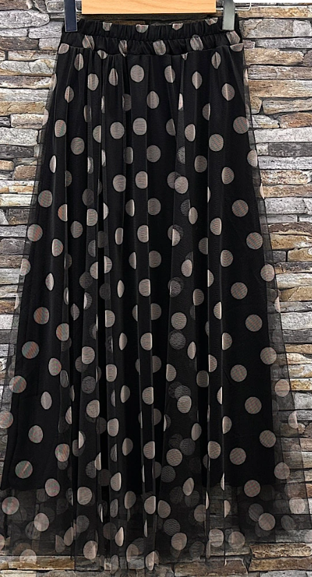EL125DOTBL Black Sheer Overlay Polka Dot Skirt Maxi Skirt
