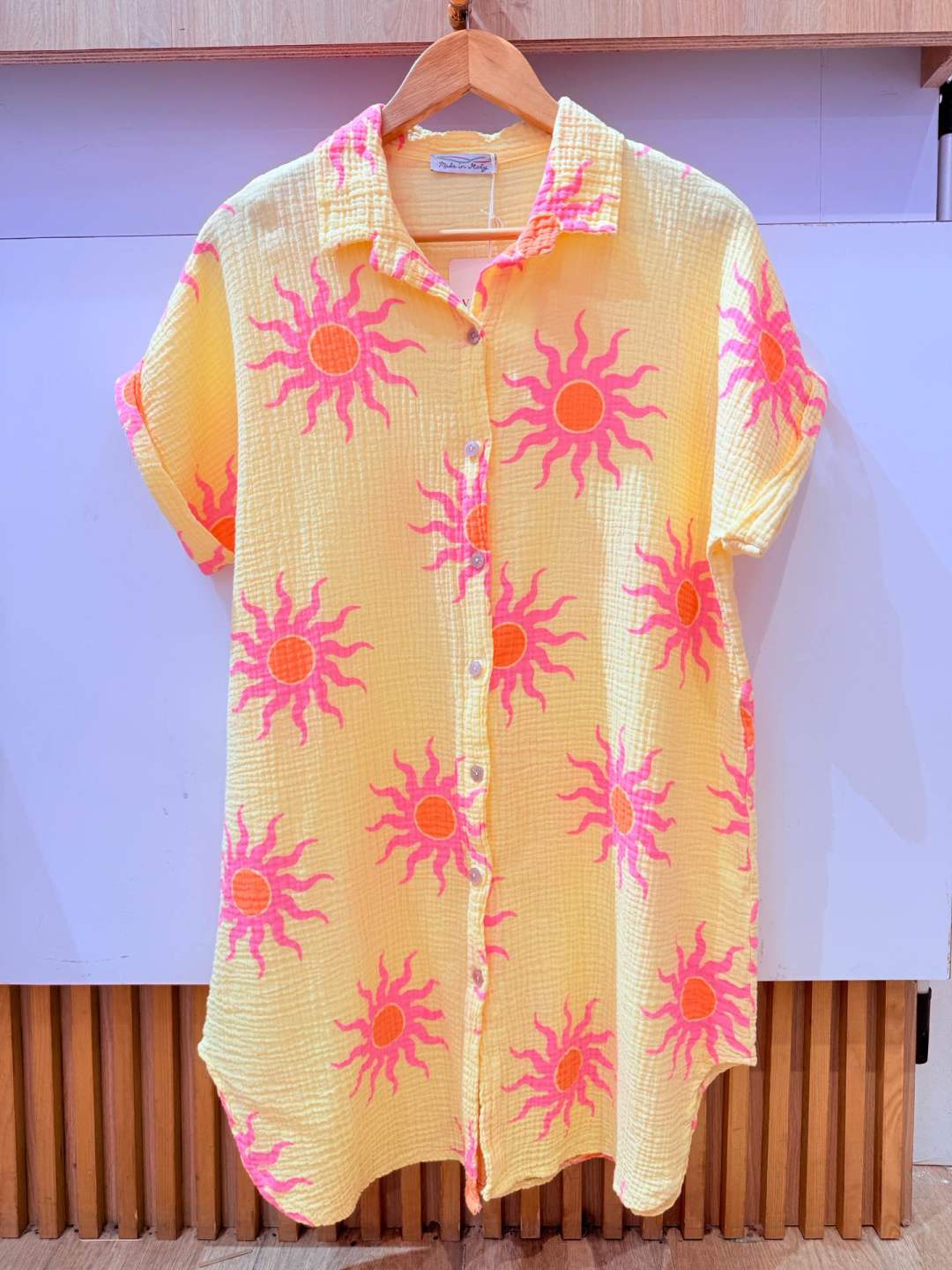 IVT260714YL Cotton Sun Print Shirt Dress Yellow