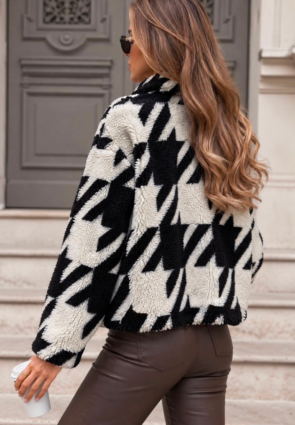 SWTJ2 Black Cream Houndstooth Teddy Jacket