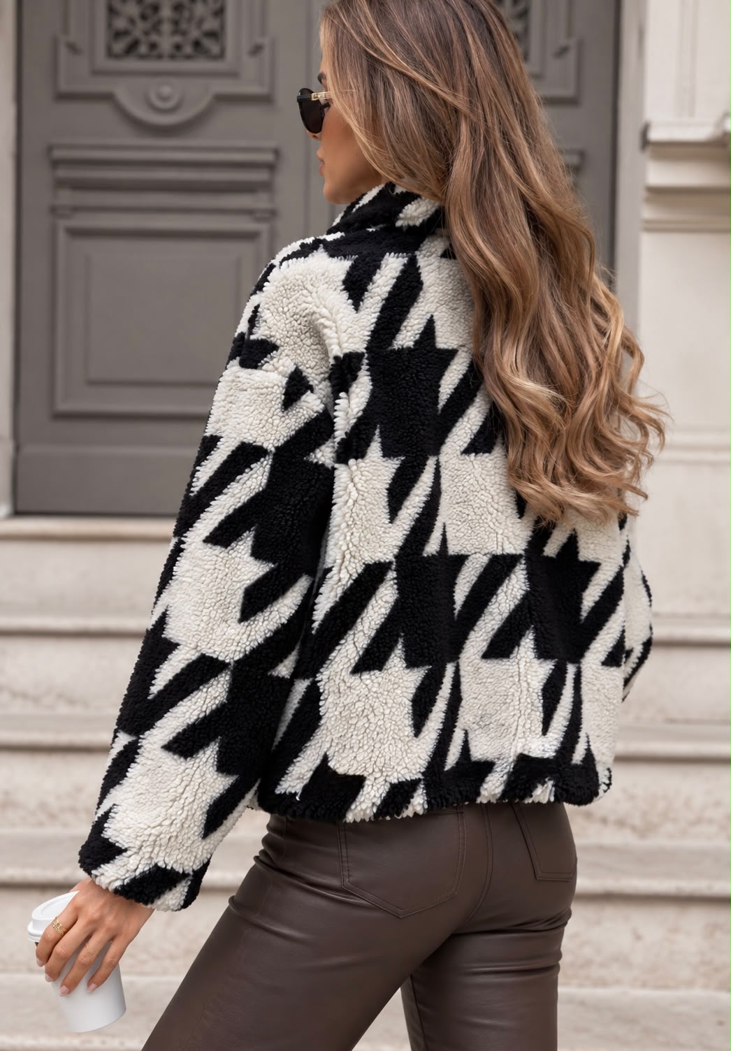 SWTJ2 Black Cream Houndstooth Teddy Jacket