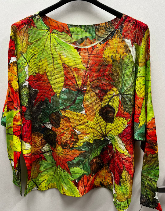 Fall Green Brown Leaves Round Knit Printed Sweater LOOWIE