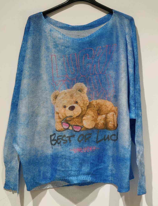 POTED Blue Teddy Bear Round Knit Printed Sweater LOOWIE