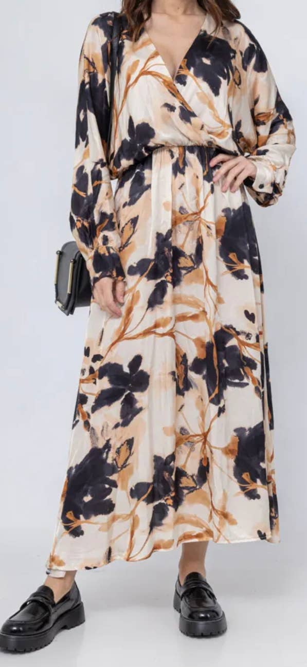 MEN227B  Italian Black Floral Wrap Maxi Dress LOOWIE