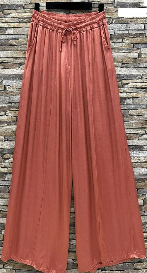 ELPRU Italian Rust Wide Legs Satin Feel Pants LOOWIE