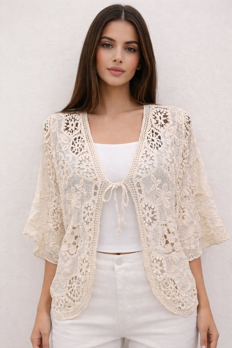 LUETC Elbow Tie Crochet Cardigan Cotton One Size S/M