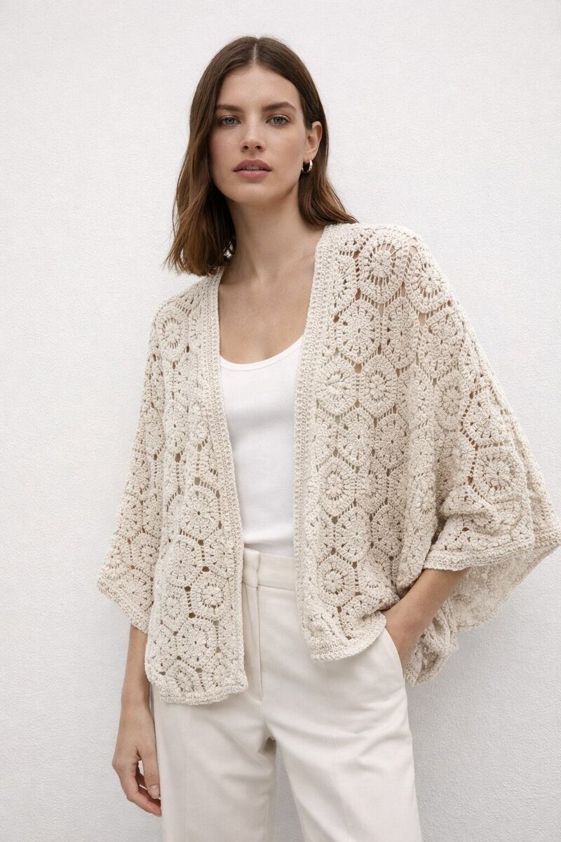 LUCOC Cut-Out Crochet Cardigan Cotton One Size S/M
