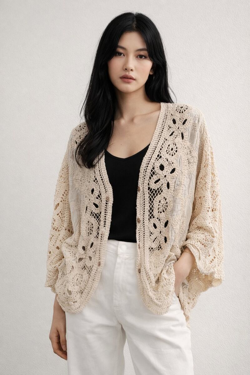 LUMFC Mix Fabric Crochet Cardigan Cotton One Size S/M