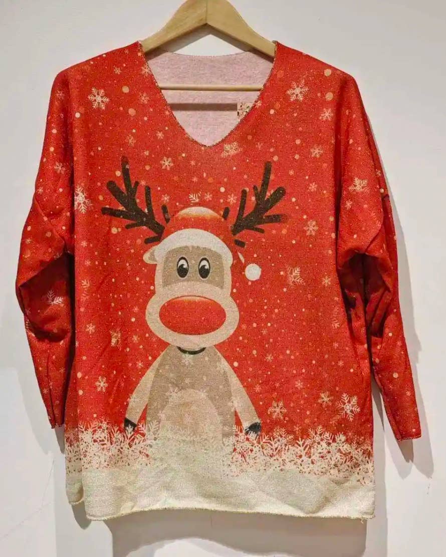 POW3 Italian Cozy Red Deer Sweater One Size LOOWIE
