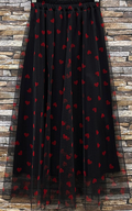 EL125HBR Black Sheer Overlay Heart Print  Maxi Skirt