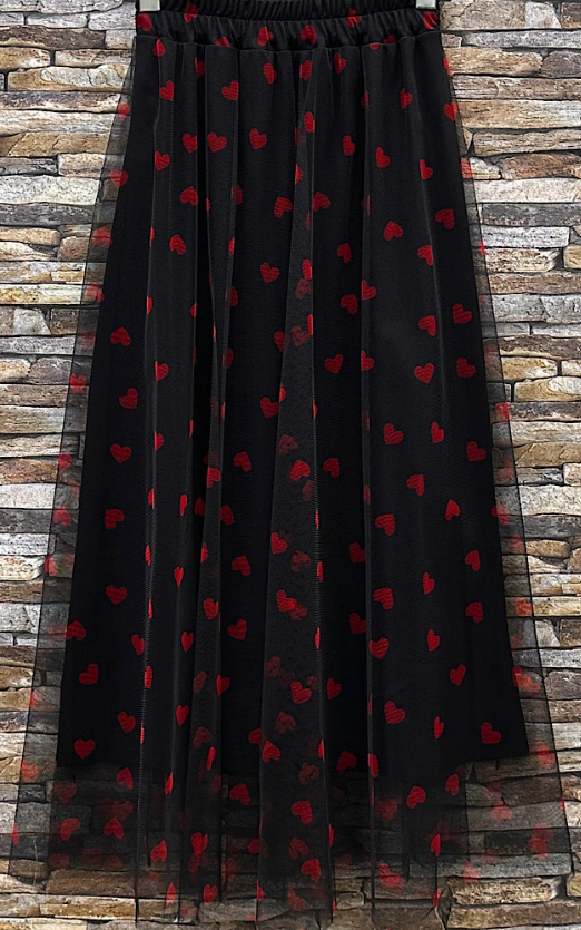 EL125HBR Black Sheer Overlay Heart Print  Maxi Skirt