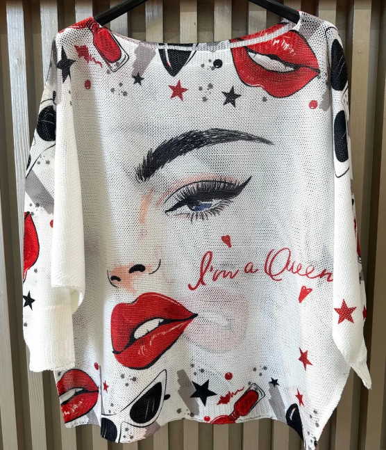 EUFAC White Face Queen Round Neck Knit Printed Sweater