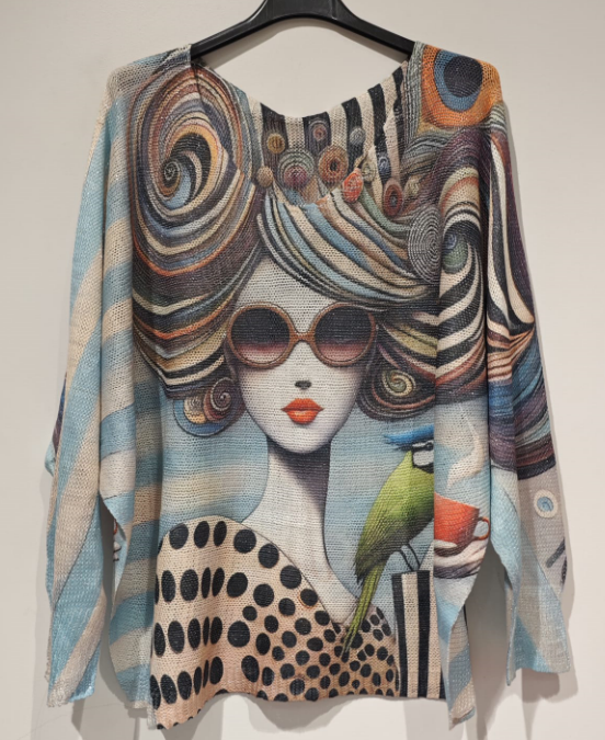 POGLA Lady w/Glasses Round Knit Print Sweater LOOWIE