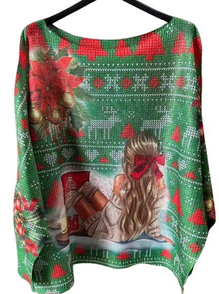 VIC2 Green Girl Christmas Round Knit Printed Sweater