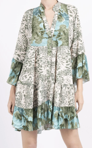 HL10O Italian One Size Olive Leopard Flowing Dress LOOWIE