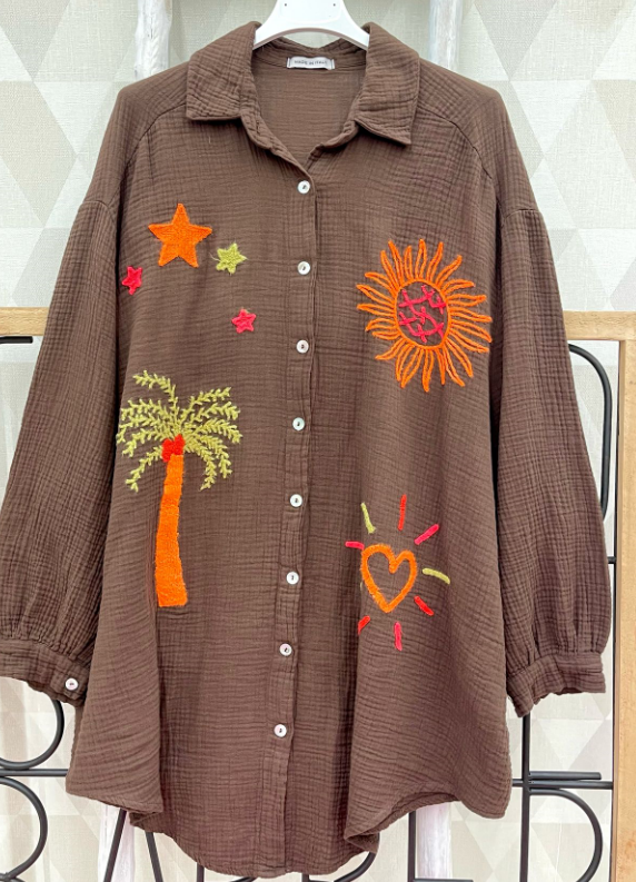 PALMCN Choco Palm & Sun Oversized Gauze Cotton Shirt LOOWIE