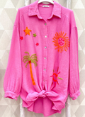PALMFN Pink Palm & Sun Oversized Gauze Cotton Shirt LOOWIE
