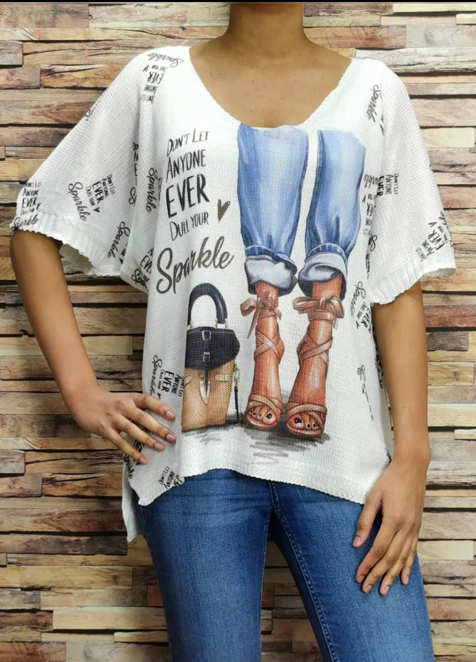 6220 White Fashion Knit Printed Short Sleeves Sweater