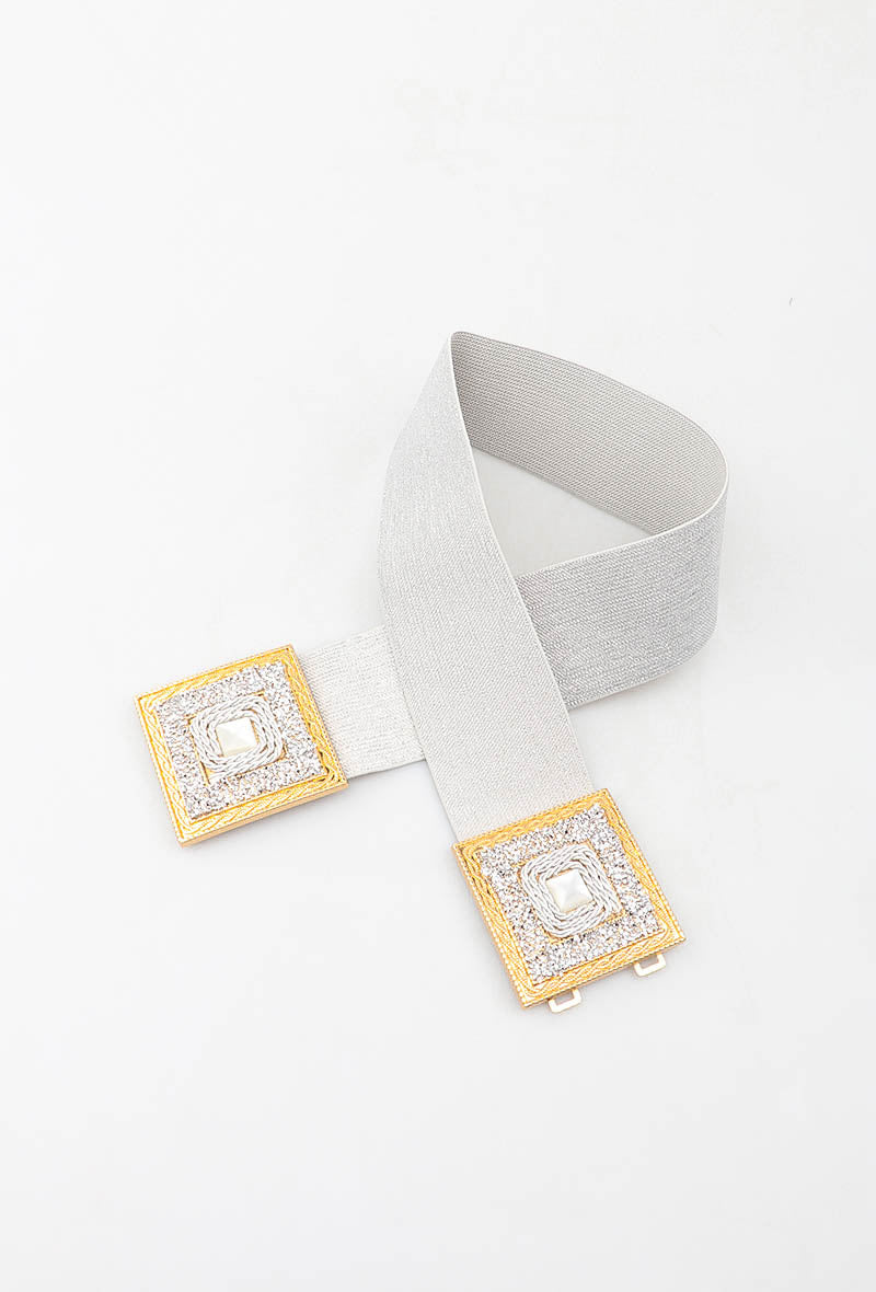 MABDSC Beaded Double Square Clasp Elastic Belt - Silver