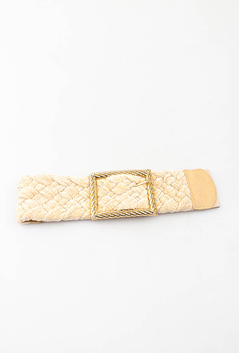MABCGB Braided Chenille Gold Buckle Elastic Belt - Beige